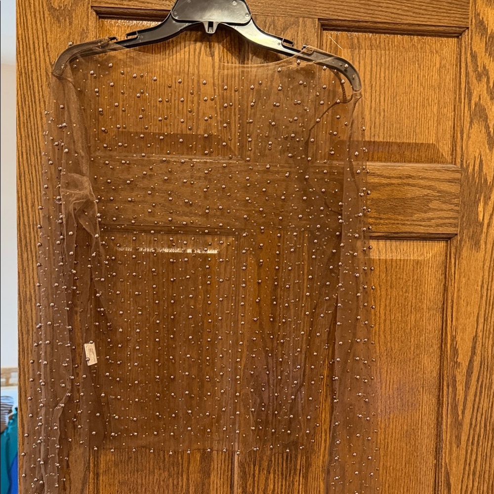 Source Unknown Sheer Brown Beaded Long-Sleeve Top